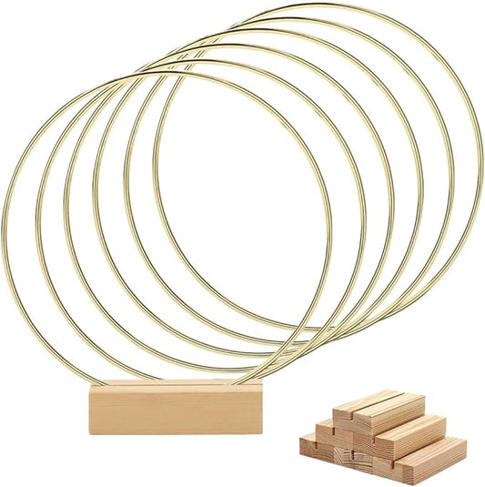 Worown 6 Set 8 inch Floral Hoop Centerpiece with Stand, Gold Metal Rings with Wooden Holder, Metal Hoop for Table Wreath Decor, Wedding, Party, Wall Hangings (8 Inch Hoops & 3.15 Inch Stands)