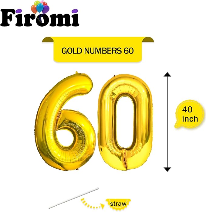 FIROMI 60 Number Balloons Gold Big Giant Jumbo Huge Foil Mylar 60 Balloon Numbers for 60th Birthday Party Anniversary Decorations 40-inches