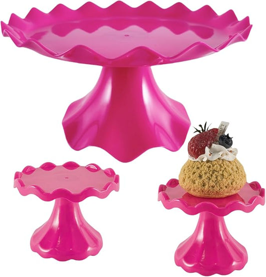 3 Pcs Cake Stand Set, Laced Cake Stand, Mini Cupdake Holder for Party,Wedding,Birthday,Celebration,Baby Shower,Anniversary (Neon Pink)
