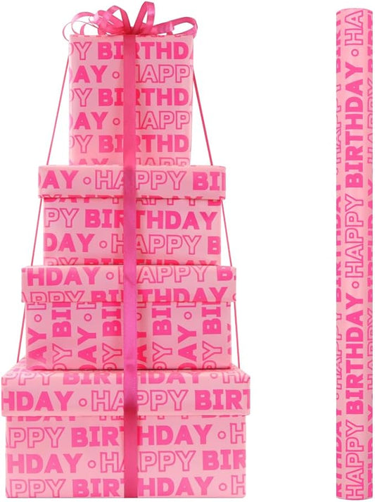 Pink Birthday Wrapping Paper Roll for Girls Kids Women, Pink Happy Birthday Wrapping Paper with Cut Lines on Reverse - 1 Mini Roll 17 X 10 ft Per Roll - Gift Wrap for Birthdays, Holiday, Party