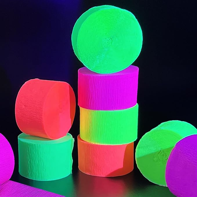 800 feet Glow Party Neon Streamer Decorations Glow Crepe Paper Streamers UV Reactive Fluorescent Neon Paper Streamers Glow in The Dark Party Supplies and Decorations Wedding Birthday Blacklight Party