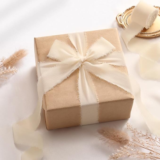 DORIS HOME Nude and Ivory Chiffon Ribbon for Flower Bouquet, 1" x21Yd Fabric Ribbon for Gift Wrapping, Handmade Frayed Ribbon for Wedding Invitations/Christmas Decorations