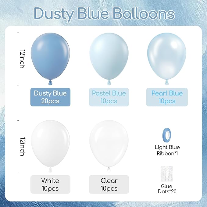 60pcs Dusty Blue Balloons 12inch with Clear Pastel Pearl Blue and White Balloons for Wedding Bridal Baby Shower Shower Birthday Party Decorations