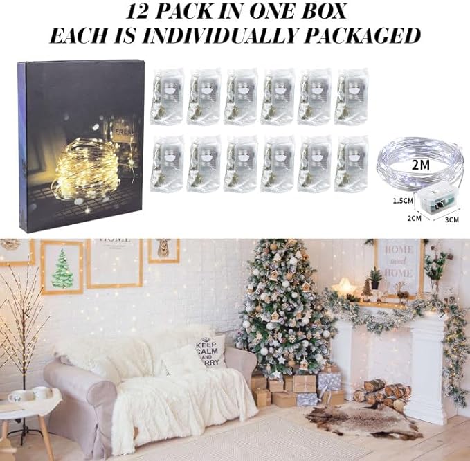 ZGWJ 12 Pack Fairy Lights Battery Operated, 7ft 20 Mini LED Fairy String Lights Silver Wire 3 Modes for DIY, Parties, Wedding, Bedroom, Halloween Christmas Decoration Silver White