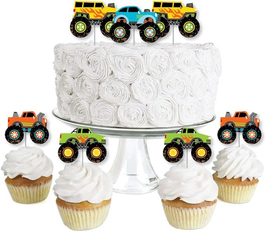 Big Dot of Happiness Smash and Crash - Monster Truck - Dessert Cupcake Toppers - Boy Birthday Party Clear Treat Picks - Set of 24