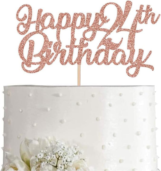 24th Birthday Cake Topper, Rose Gold Glitter Cheers To 24 Years Party Decoration, Supply