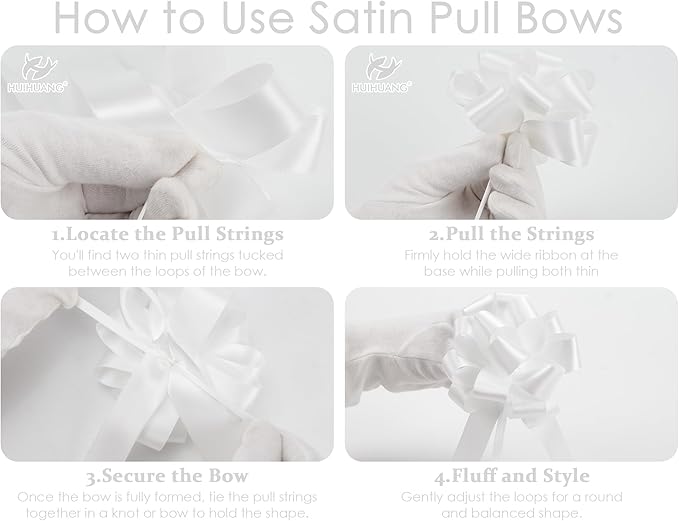 HUIHUANG White Pull Bows 12 PCS Christmas Gift Bows 4" x 8" White Satin Present Bow for Gift Wrapping, Gift Basket, Paper Bag, Wrapping Accessories, Wreaths, Wedding Christmas Decor