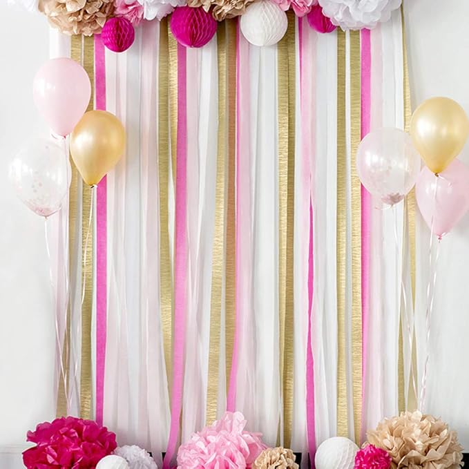 8 Rolls Gold Crepe Paper Streamers, Wedding Birthday Baby Shower New Year Party Decoration, Graduation, Christmas, Rainbow DIY Supplies, Living Room Bedroom Decor