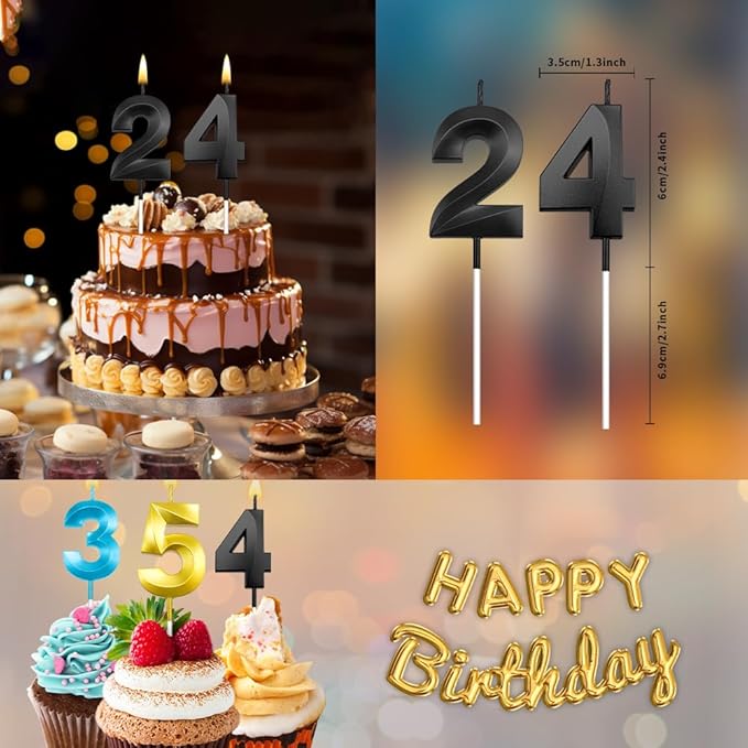 24th Birthday Candles 24 Candles for 24th Birthday Decorations for Boys Happy 24 Birthday Cake Topper Black Birthday Candles Black Number Candles (24)