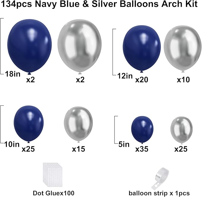 Blue and Silver Balloons Arch Garland Kit, 134pcs Navy Blue and Silver Balloons with Different Size for Birthday Party Baby Shower Graduation Class of 2026 Prom Decorations