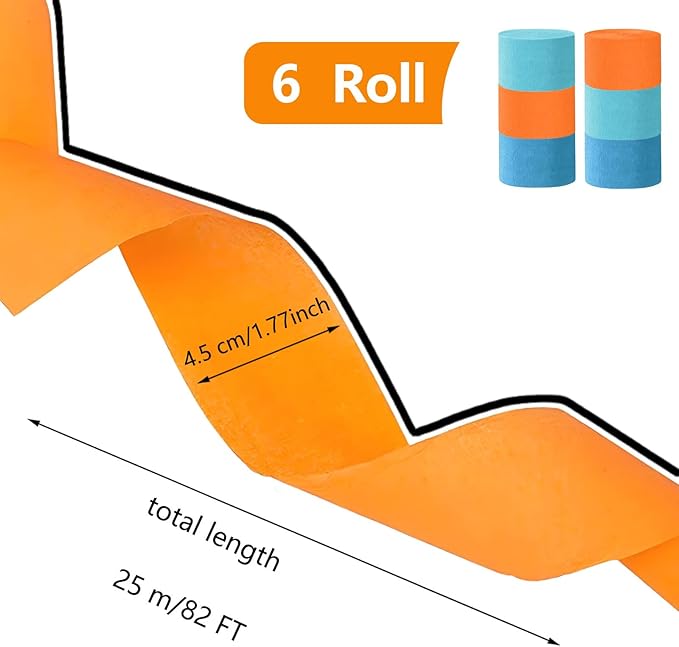 Orange Blue Crepe Paper Streamers,6 Rolls Party Streamers for Sports Events,Birthday Party,Graduation Decorations, 6 Rolls（82 Feet Long x 1.77 Inch）
