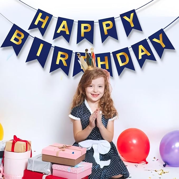 Blue Happy Birthday Banner,Navy Blue and Gold Party Decorations Sigh for Birthday Decor,Backdrop Birthday Party Supplies,No DIY for Girls Boys Kids and Women Party Hanging(Pre-Strung,16ft)