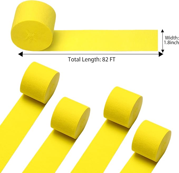 GCB Yellow Crepe Paper Streamers 4Rolls 328ft Pack of Yellow Party Streamers Crepe Paper for Birthday Party Decorations Wedding Decorations Baby Shower Engagement Anniversary Decors (1.8inx82 Ft/Roll)
