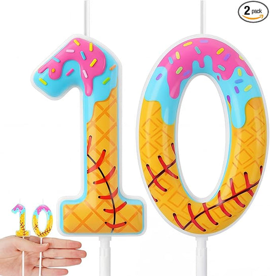 Conelist 10th Baseball Ice Cream Drip Birthday Number Candles Baseball Drip Cake Topper Candle Cupcake Topper Decoration for Sport Theme Happy Birthday Party Favors Anniversary Supplies(2 Pcs)