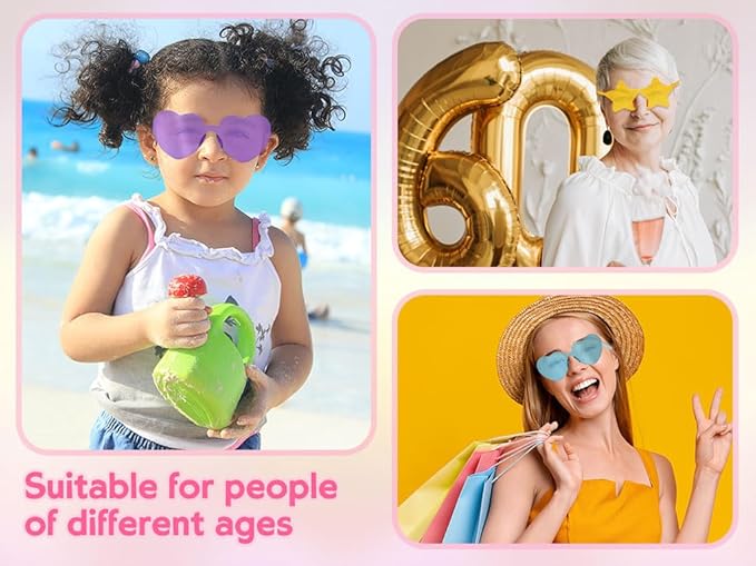 24pc Heart Shaped Sunglasses Set, Rimless Star Shape Sunglasses, Transparent Colorful Frameless Glasses for Party Cosplay