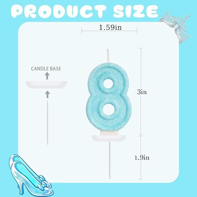 Blue Birthday Candles - Number 8 Candle for 8th Birthday Decorations for Girls, Sky Blue Cake Decorations Sweet Theme Party Supplies