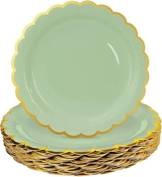 HEIPINIUYE 50 Pieces Sage Green Paper Plates with Gold Foil 7 Inch Disposable Sage Scalloped Dinner Plates for Wedding Baby Shower Birthday Party Dessert Plate