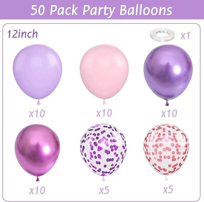 Purple and Pink Balloons - 50Pcs 12“ Metallic Purple Pink Confetti Latex Balloons for Birthday Bridal Shower Wedding Party Decorations