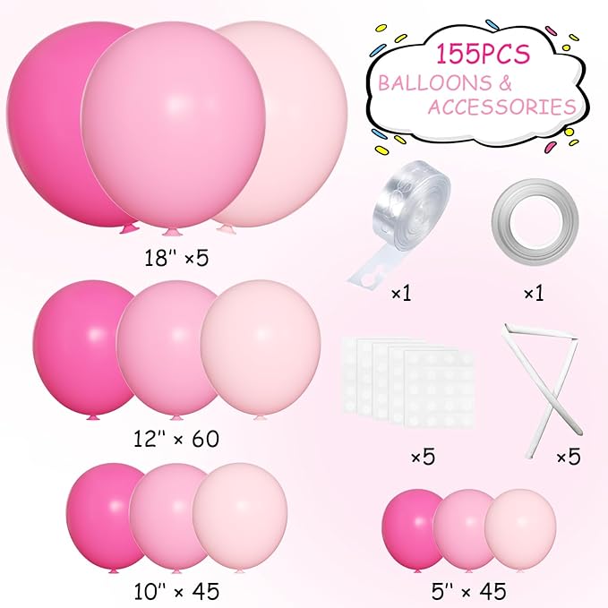 MEBAY Pink Balloon Garland Arch Kit, 155 Pcs Different Shades of Pink Balloons for Girls Women Princess Birthday Bridal Baby Shower Wedding Party Decorations