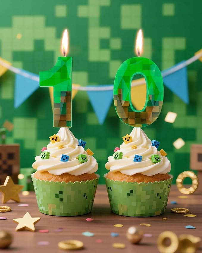 Pixel Birthday Candle, 2.68 Inch Miner Number Candles, Game Themed Candle Birthday Decoration for Pixel Theme Birthday Anniversary Dynamite Video Game Party (Green, 10)