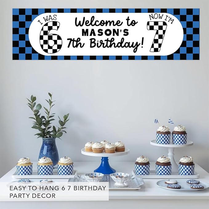 Andaz Press 13x48 Inch Custom 6 7 Birthday Banner Decorations, Personalized Birthday Banner with Custom Name, Blue Checkered Theme 67 Happy Birthday Party Banner for Boys, Home or Party Décor