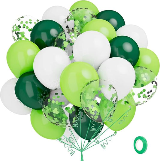 Green Balloons, Dark Green Light Green White Balloons, 60 PCS 12 Inch Green White Latex Balloons and Green Confetti Party Balloons for St. Patricks Day Birthday Baby Shower Dinosaur Party Decorations
