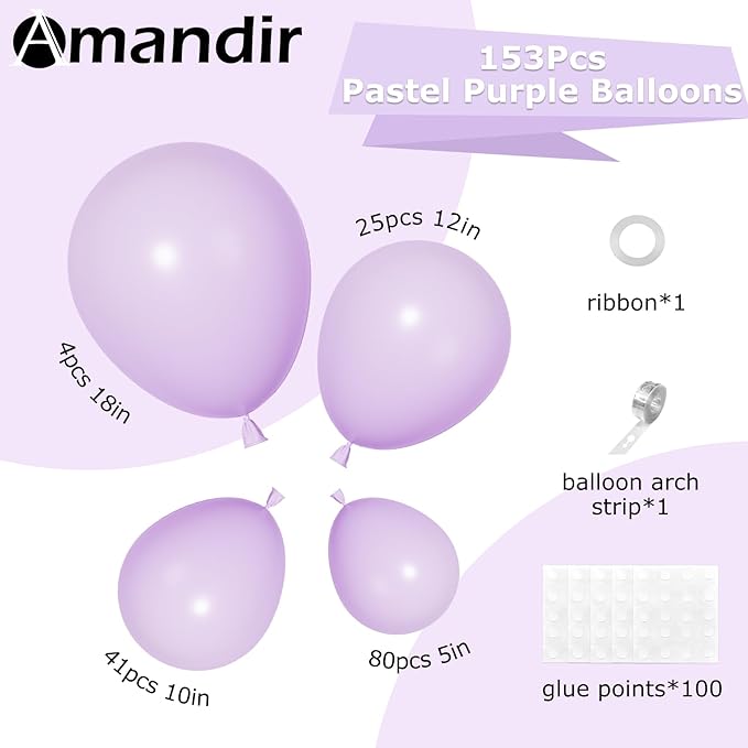 Amandir 153pcs Lavender Balloons Arch Garland Kit Different Sizes 18 12 10 5 Inch Latex Lilac Light Pastel Purple Balloon Fairy Birthday Wedding Princess Gender Reveal Bachelorette Party Decorations