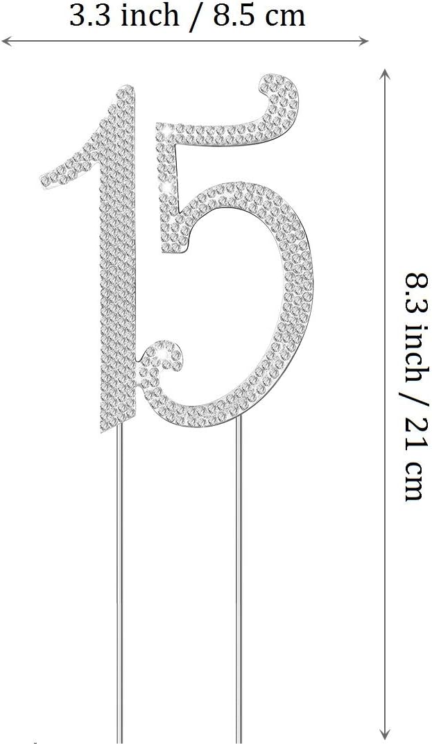 JANOU 15 Cake Topper Number 15 Crystal Rhinestones 15th Cake Decoration for Birthday Anniversary Party Decoration (Silver)