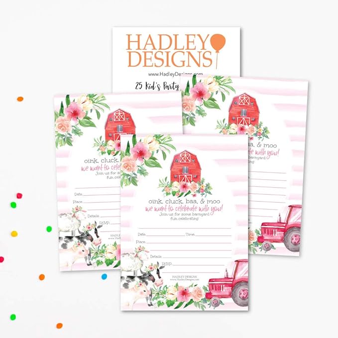 Hadley Designs Kids Birthday Invitations For Boys and Girls Barnyard Theme - 25 Farm Animals Birthday Party Invitations For Boys, Tractor Barn Invites For Girls, Cute Ranch Party Supplies, Made In USA