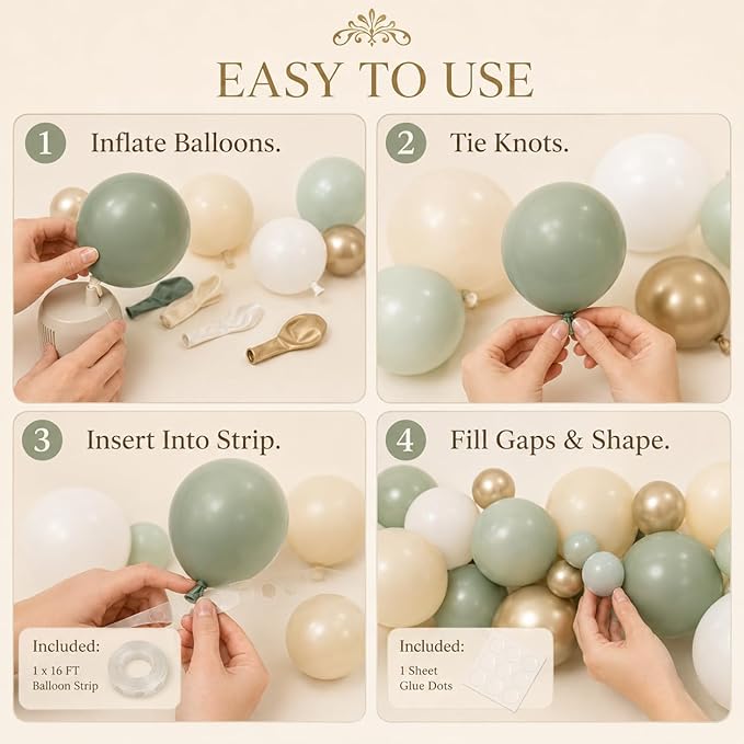 Sage Green Balloon Garland Kit, Green and White Balloon Arch Kit Olive Green White Gold Champagne Party Balloons Lime Green Beige Latex Balloons for Baby Shower Birthday Jungle Safari Party Decoration