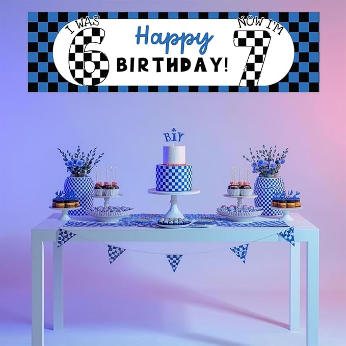 Andaz Press 13x48 Inch 6 7 Birthday Banner Decorations, I Was 6 Now I'm 7 Birthday Banner Blue Checkered 67 Happy Birthday Party Banner for Boys or Girls, Home or Party Decor Backdrop Sign
