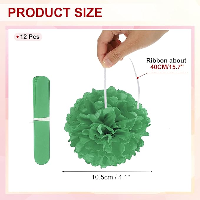 PATIKIL 4inch Tissue Paper Pom Poms, 12PCS Pom Poms Paper Flowers Ball Tissue Paper Flowers for Wedding Bridal Shower Birthday Bachelorette Party Backdrop Decoration, Dark Green