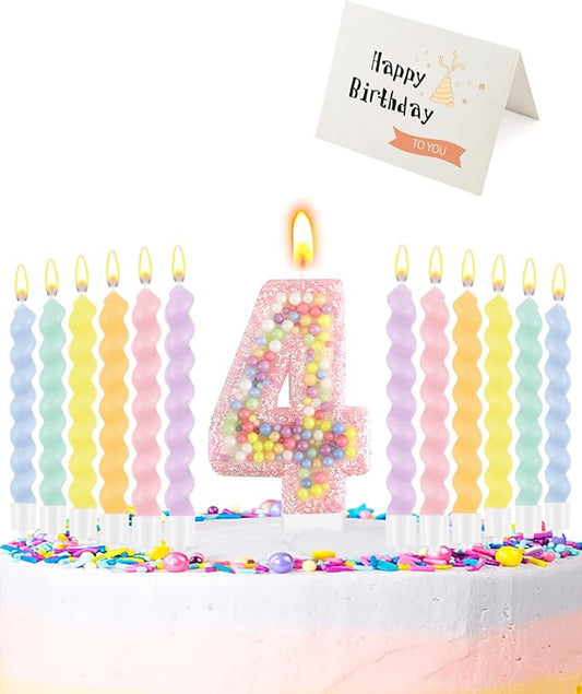 Birthday Candles for Cake, Macaron Number Candles, Cake Candles with Greeting Card for Birthday Party Wedding Anniversary Celebrations (4 Candle)