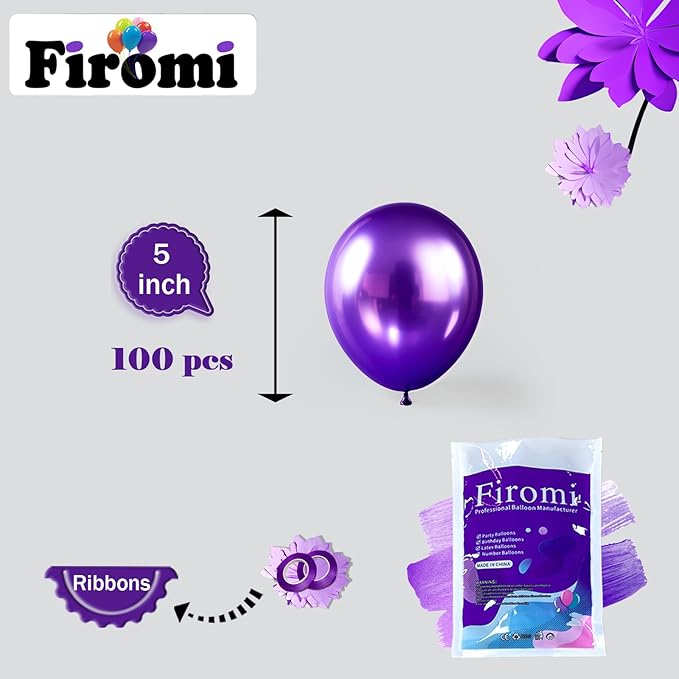 Firomi Metallic Purple Balloons 5-inch 100 Pack Helium Small-Medium Shiny Round Chrome Purple Thicken Latex Balloon for Wedding Birthday Party (with 2 Ribbons)