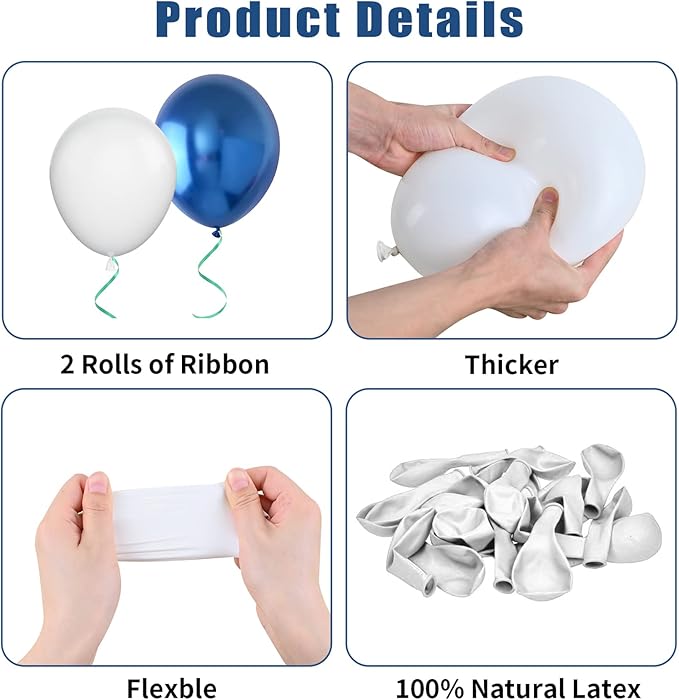 Biapian Blue White Balloons Set, 60PCS Blue Silver Birthday Balloons, 12Inch Blue and White Latex Balloon Metallic Silver Blue Helium Balloon for Boys Birthday Baby Shower Wedding Party Decoration