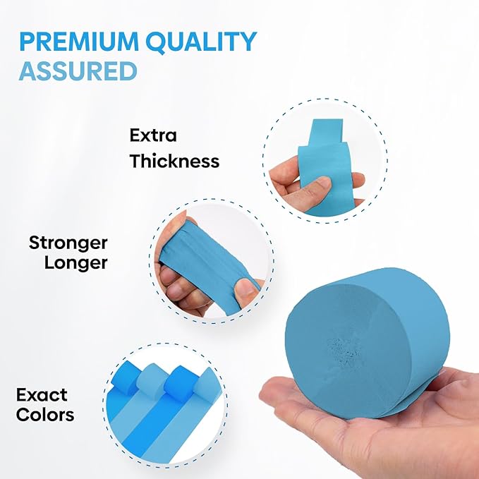 Captain Décor 4 Blue Streamers, 328ft Pack of Crepe Paper Roll, Blue Streamers Party Decorations for Bachelorette Party Decorations (1.8 inch x 82 ft/Roll)