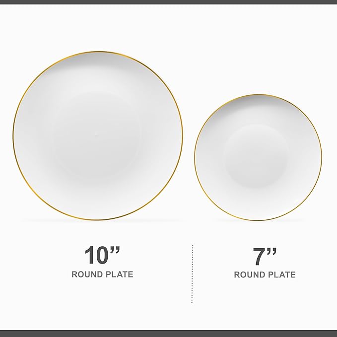 PLASTICPRO 32 Piece Combo Plates Set includes 16-7'' inch Plate & 16-10'' inch Plates White Plastic Organic Party Plate With Gold Rim, Premium heavyweight Elegant, Tableware, Dishes,