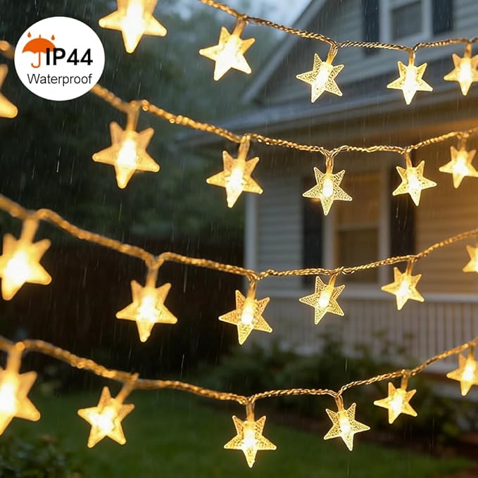 RaThun 49.2ft Warm White Star String Lights, 100 LED with 16ft Extended Lead Wire & Remote, 8 Modes, IP44 Waterproof Plug in Linkable Lights for Outdoor Indoor Party Wedding
