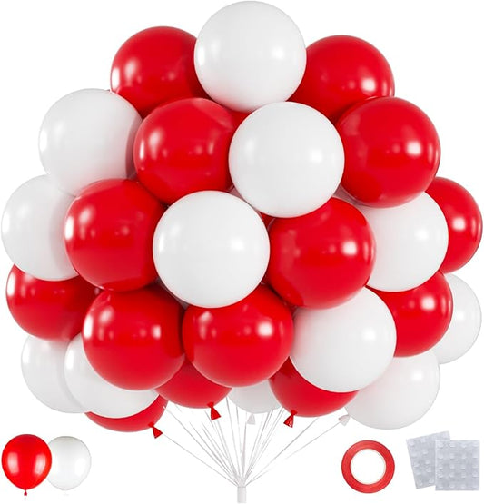 60pcs Red and White Balloons Kit, 12 Inch White Red Party Latex Balloons for Birthday, Graduation, 4th of July, Sports Party & Patriotic Party Decorations