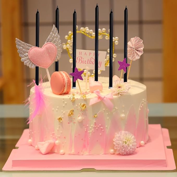 12 Count Long Thin Champagne Black Birthday Cake Candles in Holders for Birthday Wedding Party Cupcake Decorations Tall Candle