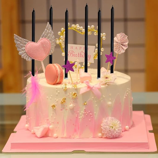 12 Count Long Thin Champagne Black Birthday Cake Candles in Holders for Birthday Wedding Party Cupcake Decorations Tall Candle
