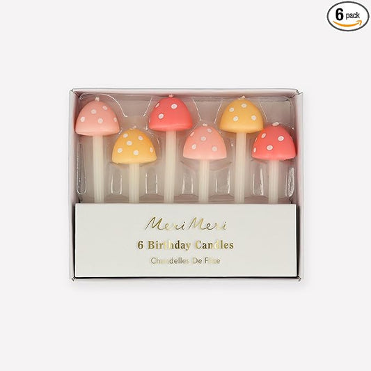 Meri Meri Mushroom Birthday Candles (Pack of 6) - 3D Mushroom Cake Toppers, Pastel Peach and Pink with White Spots, Fairy Party Decorations, Woodland Birthday Candles