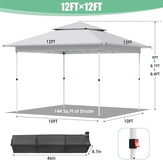 Arlopu Pop Up Canopy Tent with 1-Person Set up, Camping Instant Durable Shelter, Outdoor Gazebo Beach Shade with Wheeled Bag, 4 Sand Bags for Weight (White, 12FTX12FT)