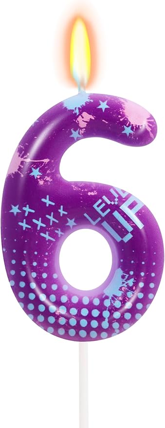 STG Birthday Candles for Boys - Number 6 Candle for Video Game Birthday Cake Topper, Fort Battle Level Up Sandbox Games Birthday Party Supplies (Purple)