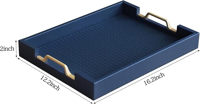 HofferRuffer Faux Leather Rectangle Serving Tray Decor Platter with Gold Metal Handles for Coffee Table, Breakfast, Tea, Food, Countertop, Kitchen, Butler Tray, 16.2 x 12.2 x 2 inches (Navy Blue)