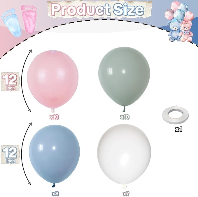 Pastel Blue Green Pink White Balloons, Muted Rainbow Dusty Pink Blue Sage Green White Latex Colorful Balloons for Boho Wedding Birthday Baby Shower Gender Reveal Woodland Floral Fairy Party Decor