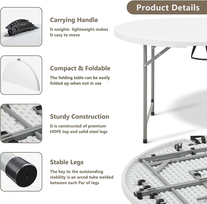 OS MOTOR 4.5ft Round Folding Table with Carry Handle, Portable Heavy Duty Plastic Utility Table with Steel Legs for Party, Wedding, Camping, Indoor, Outdoor Event, 54 Inch, White