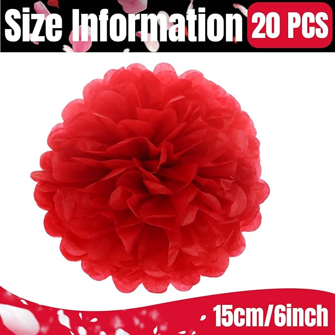 Qimoo 20pcs Red Paper Pom Poms Decorations, DIY Tissue Paper Flowers Ball for Party Wedding Outdoor Decoration
