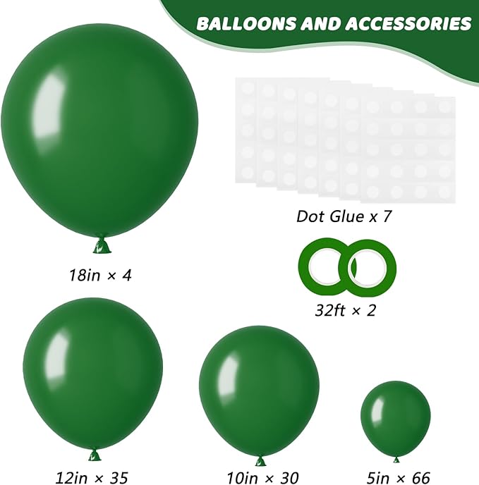 RUBFAC 135pcs Dark Green Balloons Different Sizes 18 12 10 5 Inch for Garland Arch, Emerald Green Christmas Balloon for Safari Jungle Party Birthday Baby Shower Masquerade Party Wedding Decorations