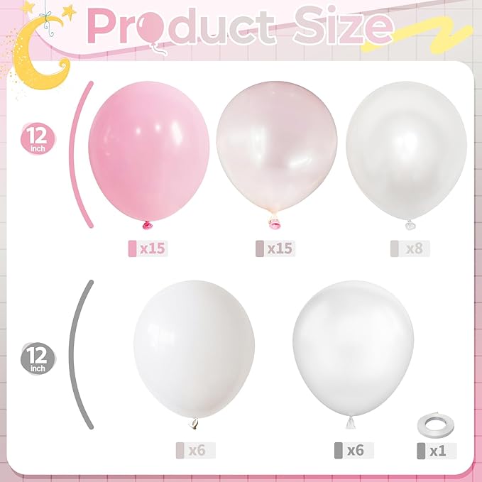 Pink and White Balloons, 50Pcs Pastel Baby Dusty Pink Pearl Light White Transparent Balloon with Double Stuffed Latex Balloon for Women Birthday Party Wedding Anniversary Baby Bridal Shower Decoration